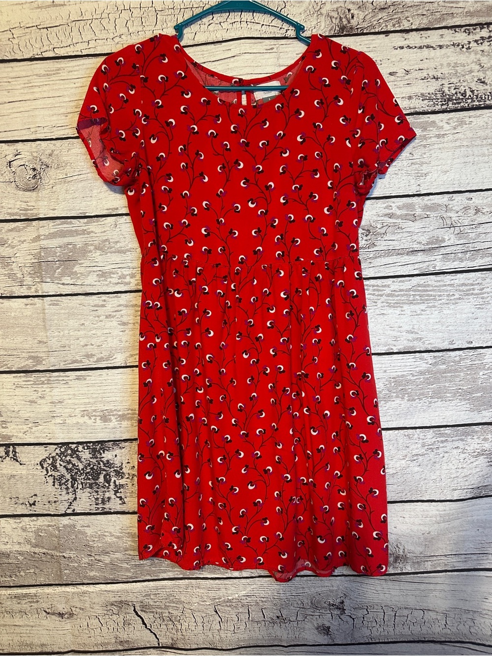 Old Navy Red Floral Fit & Flare Dress Small Rayon Short Sleeve